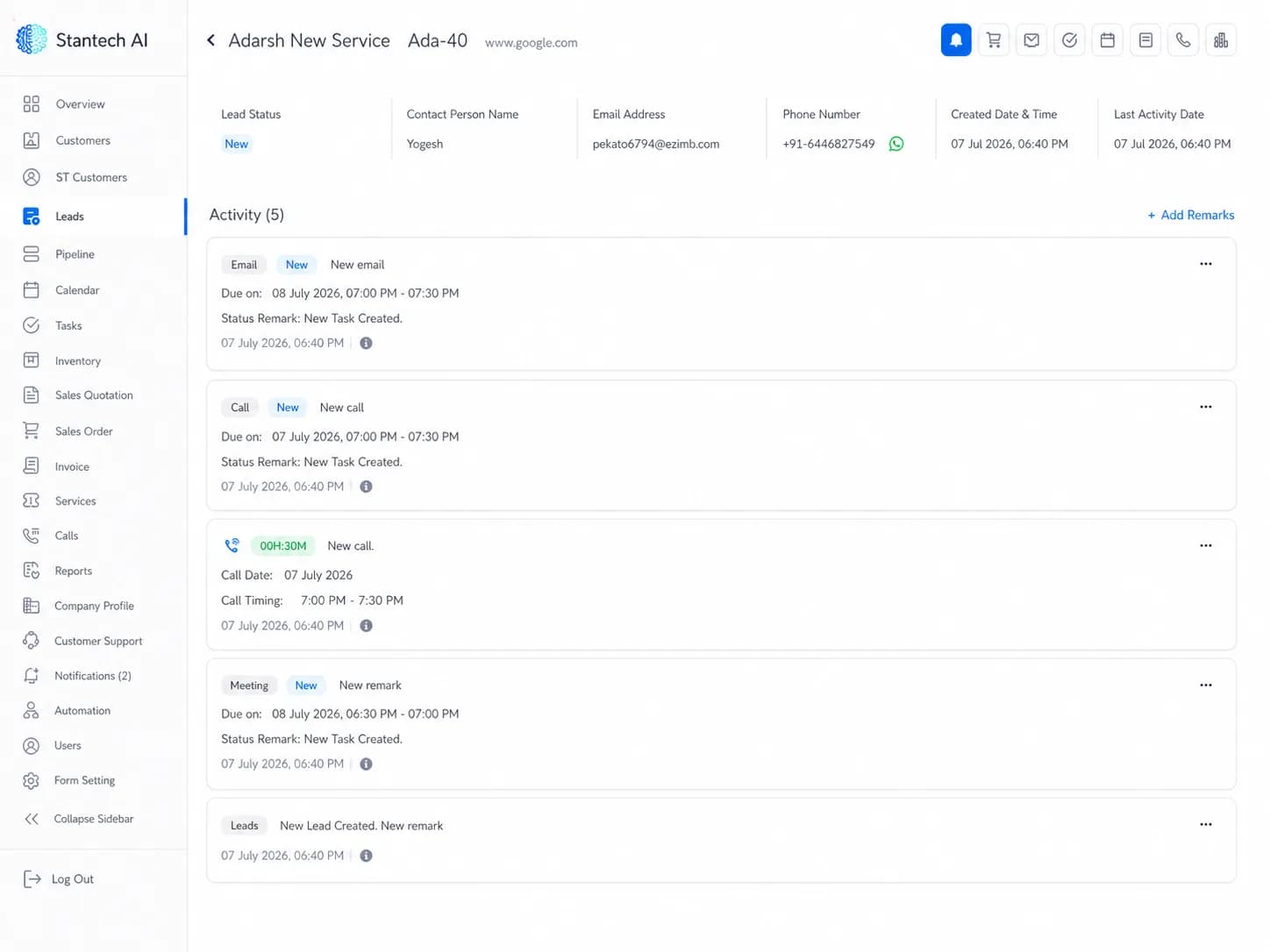 Stan CRM lead activity timeline